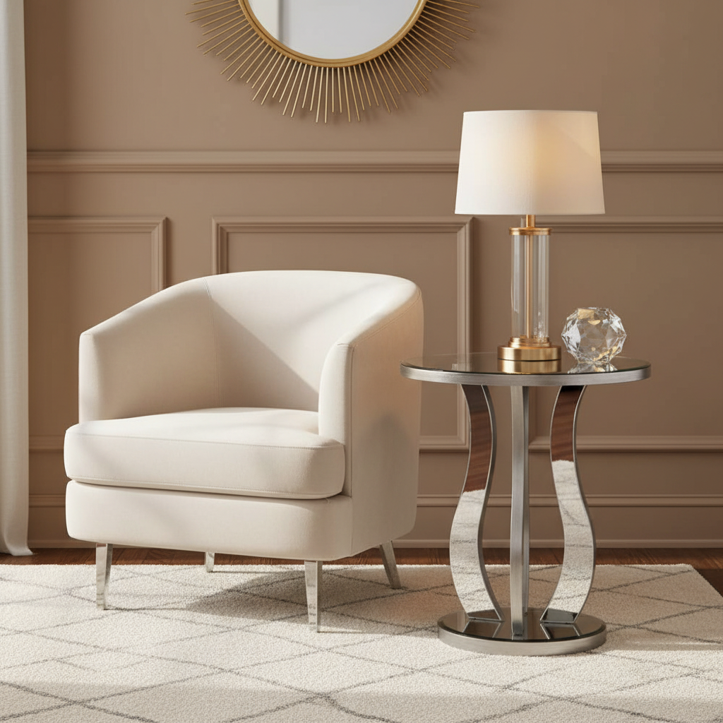 Silver mirrored table with accent chair