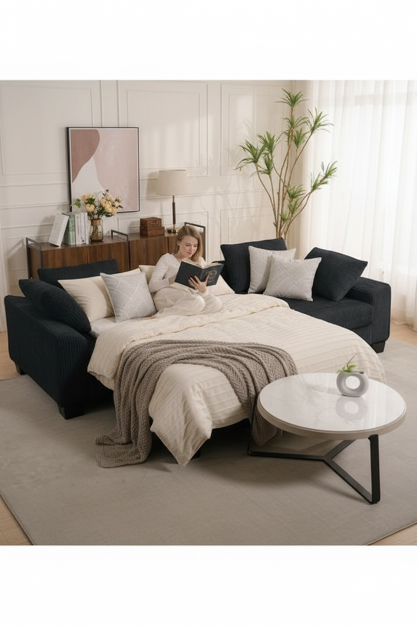 Sofa converted to bed with guest