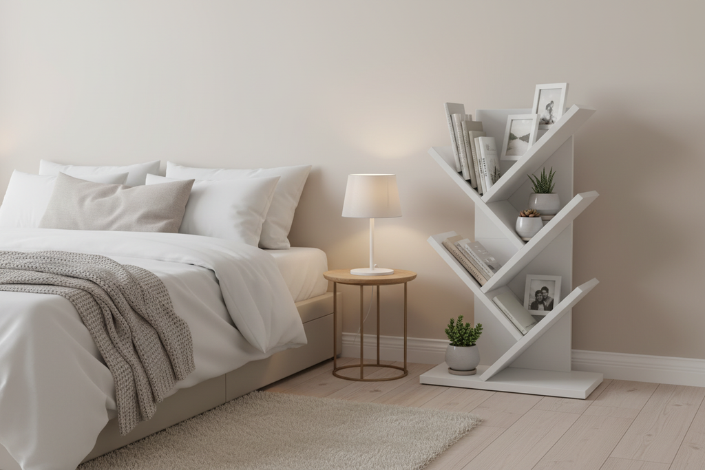 Tree bookshelf in bedroom corner