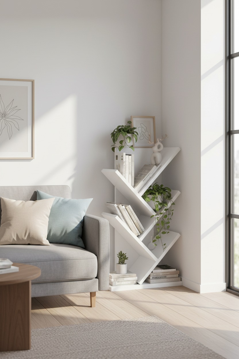 Tree bookshelf in living room corner