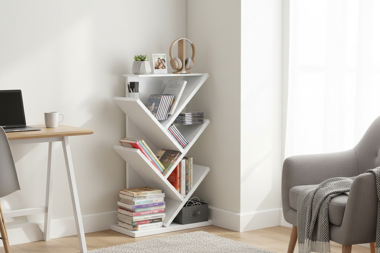Tree bookshelf in studio apartment