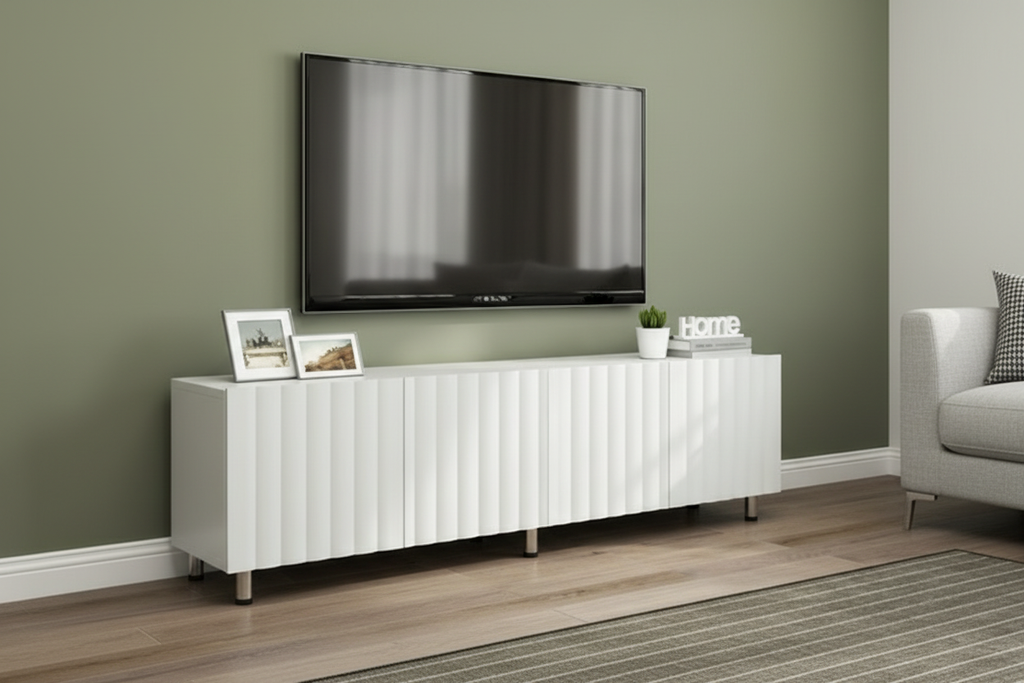 TV stand in bright Scandinavian living room