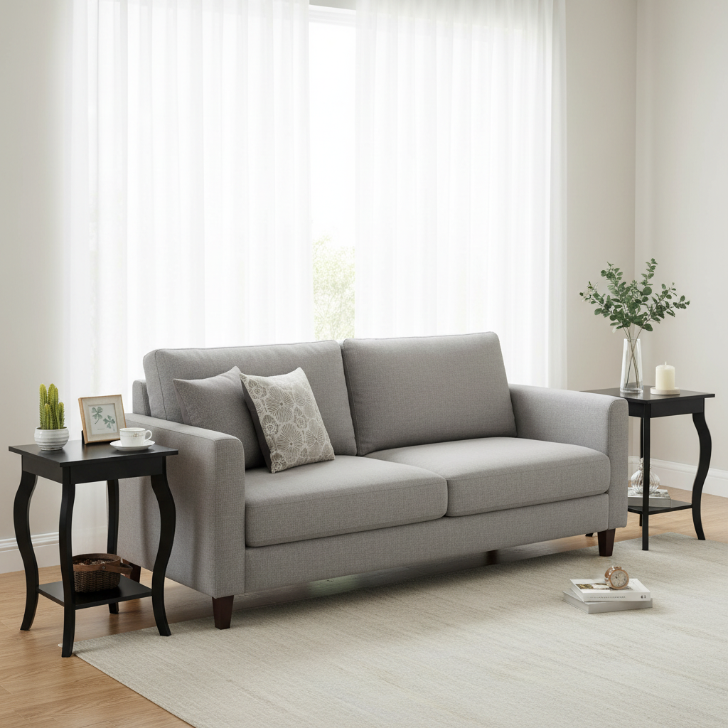 Two black end tables flanking a sofa