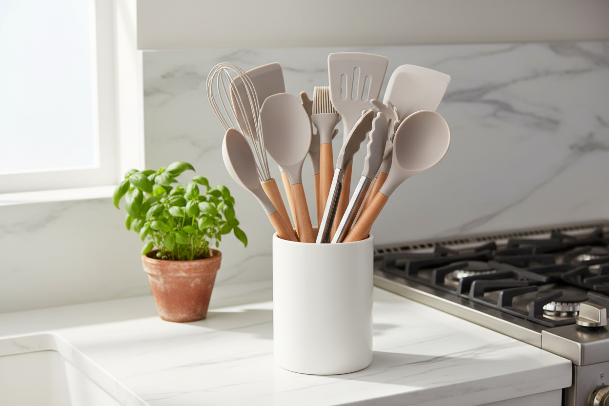 Utensil set in holder on kitchen counter