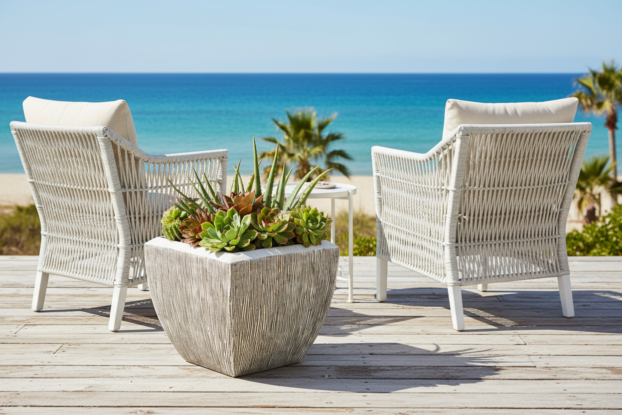 White planter on coastal patio