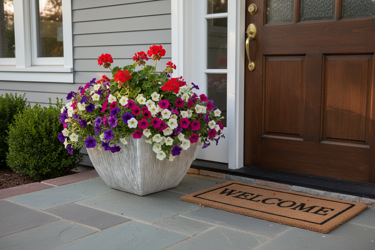 White planter on front porch