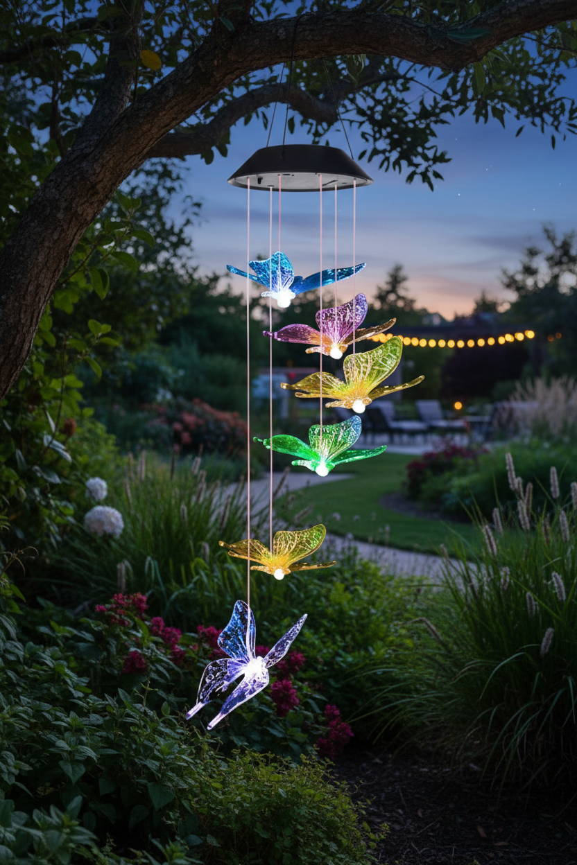 Wind chime in garden at twilight