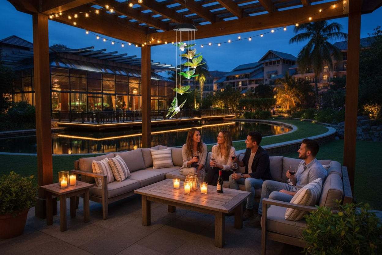 Wind chime on patio pergola at dusk